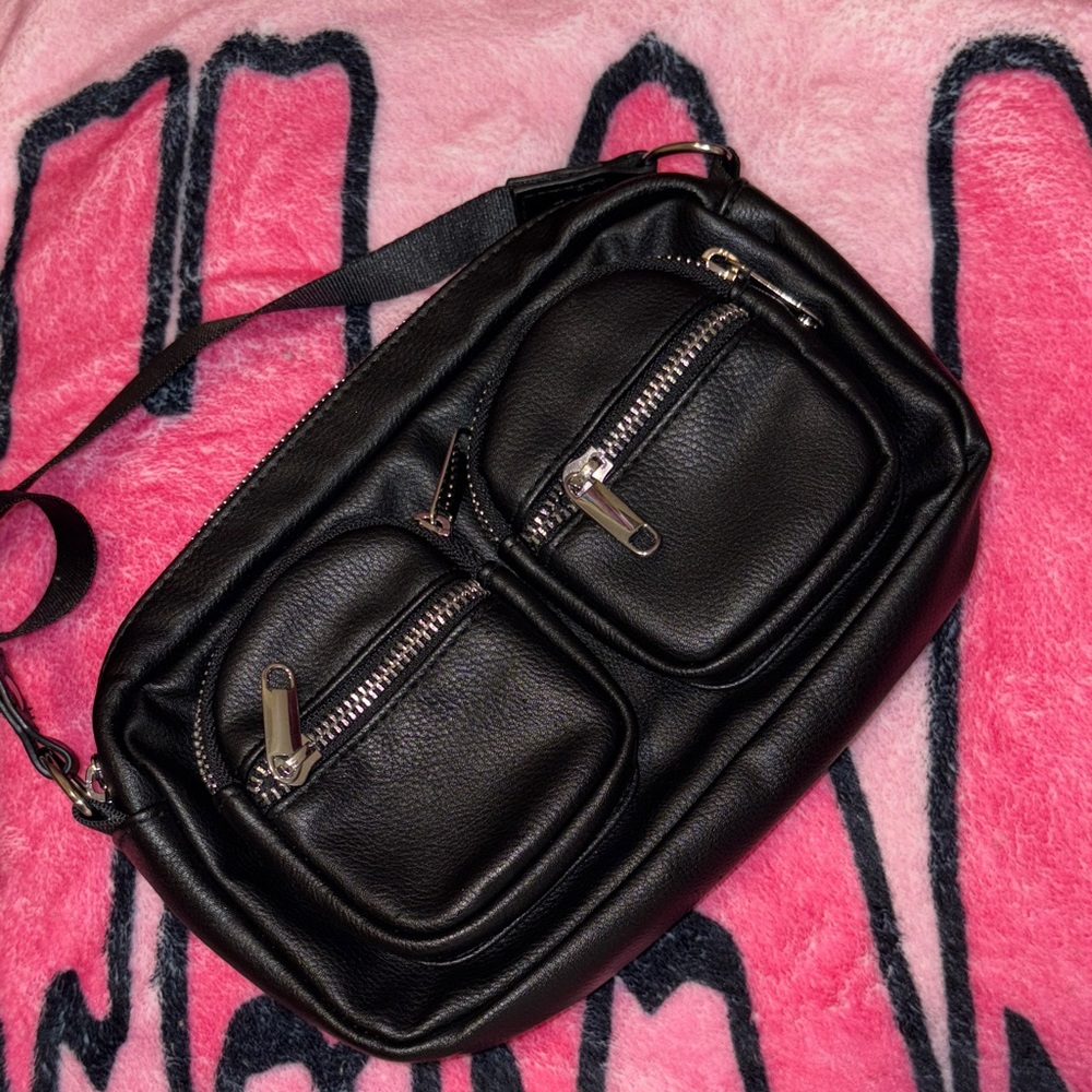 Black Leather Crossbody Bag with Silver Zippers